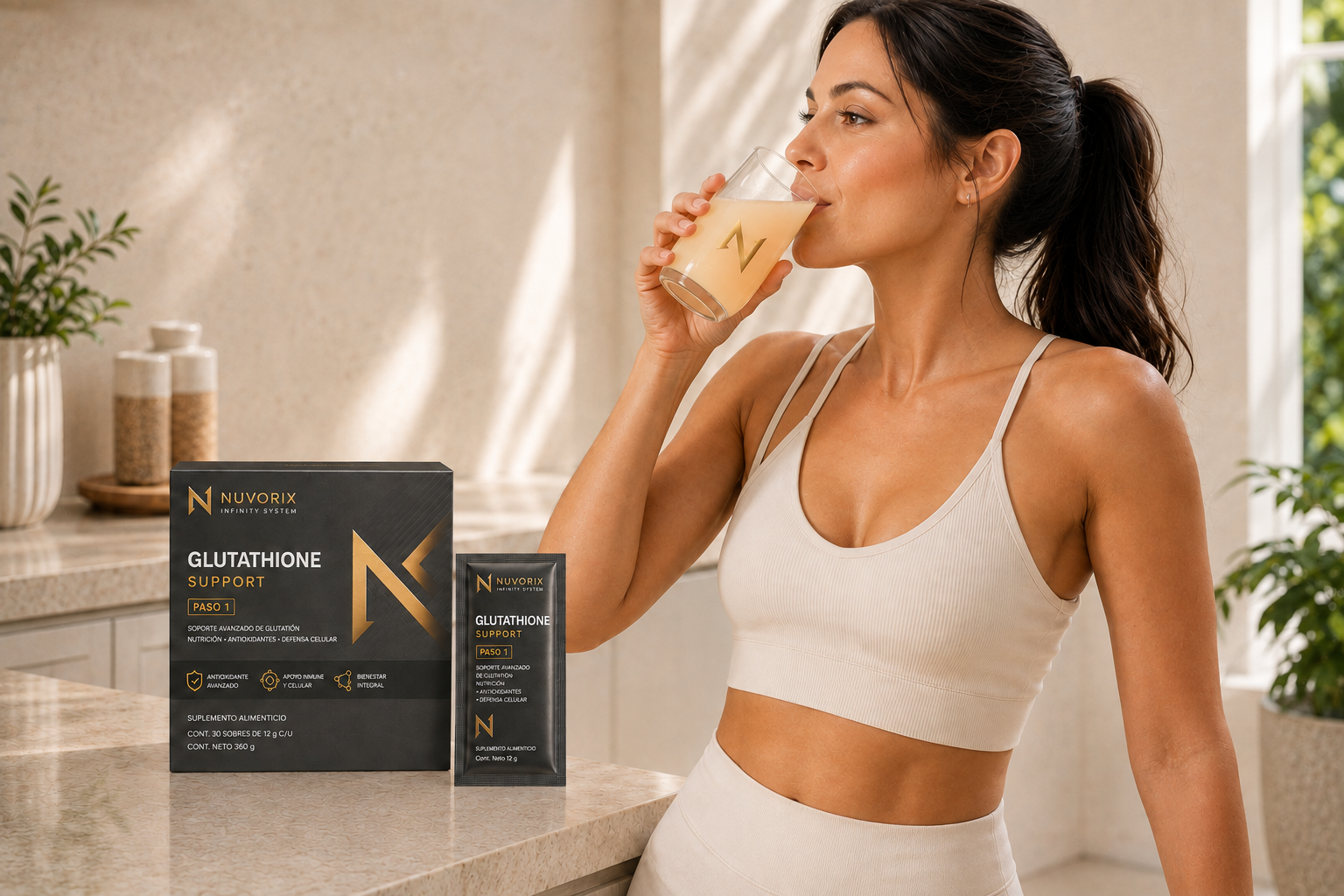 Mujer preparando su rutina con NUVORIX Glutathione Support